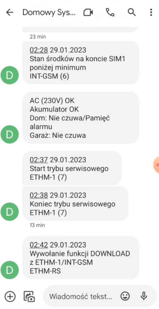 Ekran komunikatów SMS systemu alarmowego