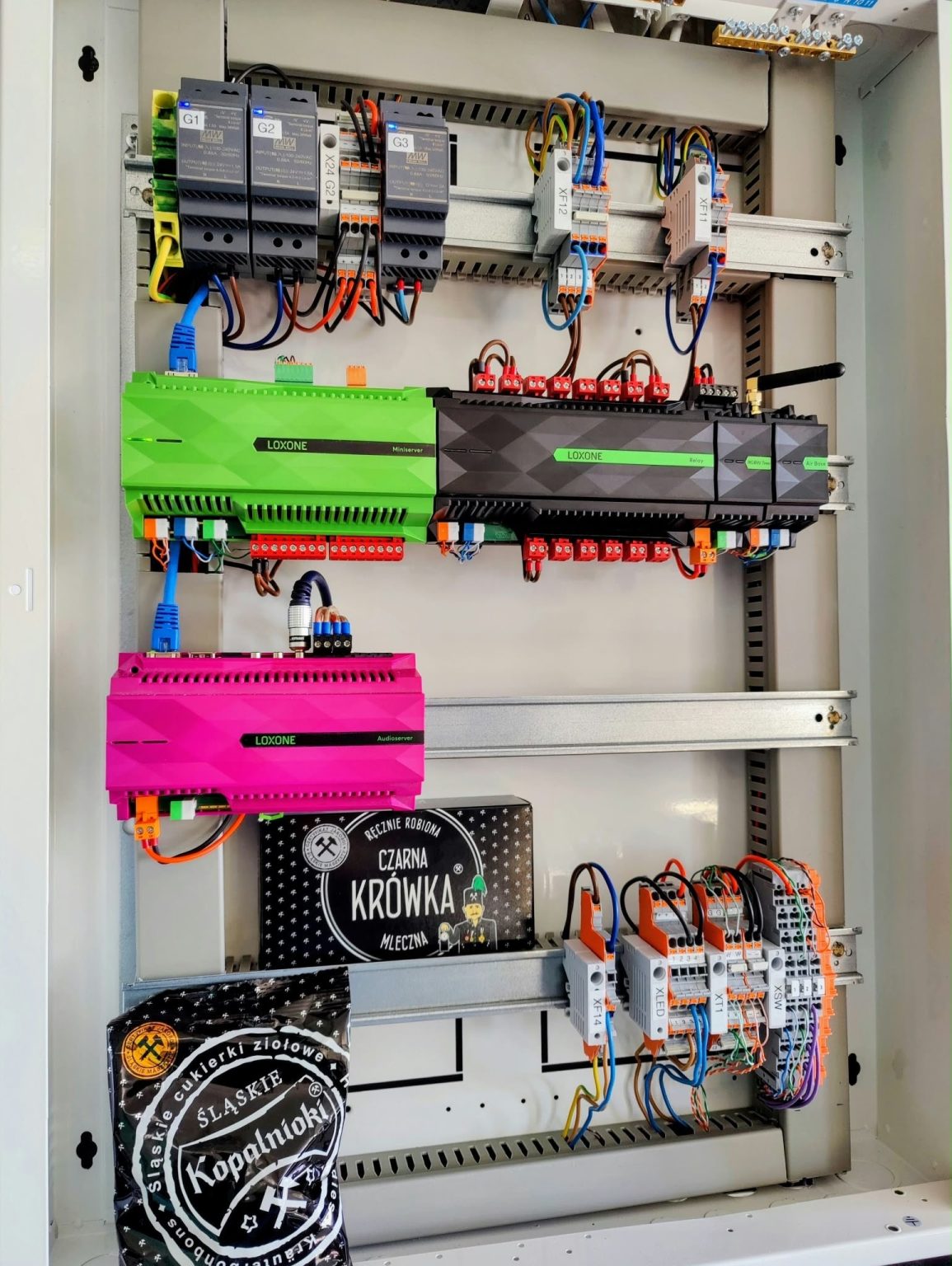 Rozdzielnica z modułami automatyki smart home Loxone